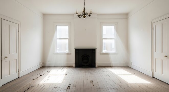 An empty room with sunlight streaming through windows, a fireplace, and a chandelier