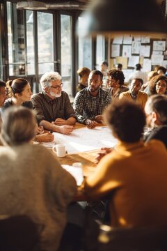 Military and civilian cooperation meeting taking place in a community center with diverse participants discussing local issues and strategies for collaboration
