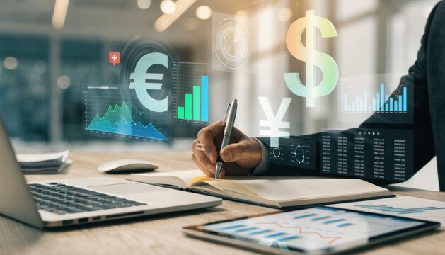 Business professional analyzing financial data with currency symbols and charts displayed, using laptop, tablet, and notebook in an office setting.