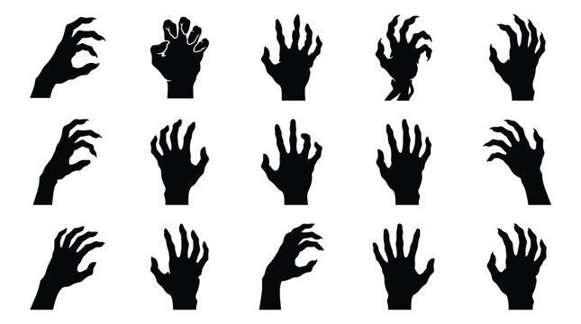 Set of zombie hand silhouettes, scary monster hands, creepy halloween hands, vector illustration