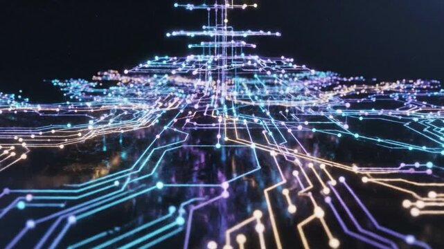 Circuit board technology digital network data connection glowing futuristic abstract neon blue purple lines nodes high tech grid dark reflective background communication cyber system