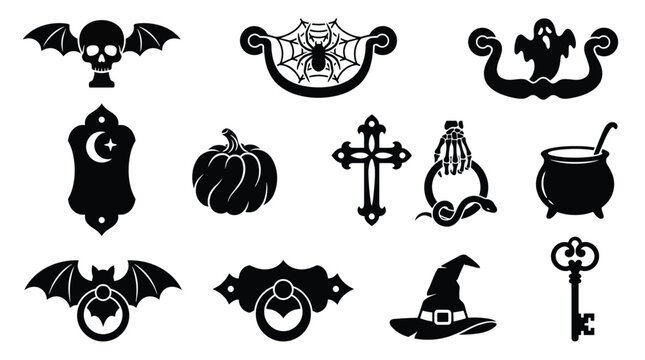 Set of halloween door knockers and decorative elements, including skulls, ghosts, pumpkins, witches hats, and keys, vector illustrations for spooky home decor