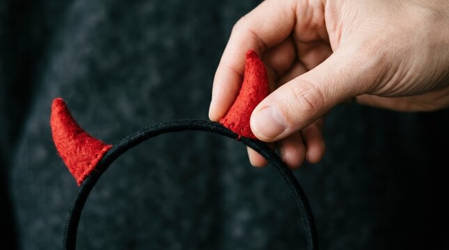 Hand holding red felt devil horns headband for Halloween costume party accessory, close up shot of handmade demon horns for cosplay or festive holiday celebration