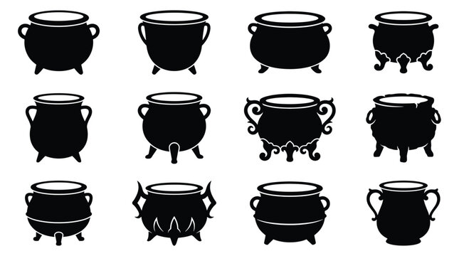 Set of black silhouettes of witch cauldrons, iron pots for cooking potions, magic vessels with handles and legs, collection of fantasy kitchenware