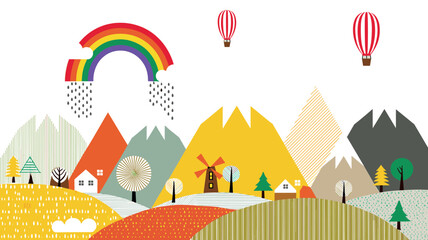 Fototapeta premium Geometric Landscape Illustration with Colorful Mountains, Rainbow, Hot Air Balloons, Windmill, and Tiny Houses for Children Wall Art and Nordic Designs (22 words)