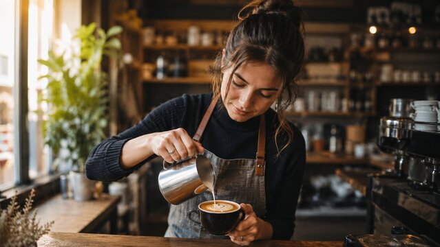カフェでラテアートを仕上げるバリスタ