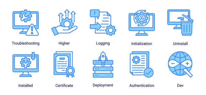 System Operations icon set vector illustration featuring troubleshooting,deployment,authentication,and server operation management concepts.