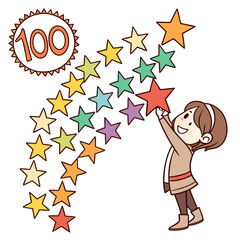 A happy girl reaching for a star near a number one hundred sign, hand-drawn on a white background, for educational concepts