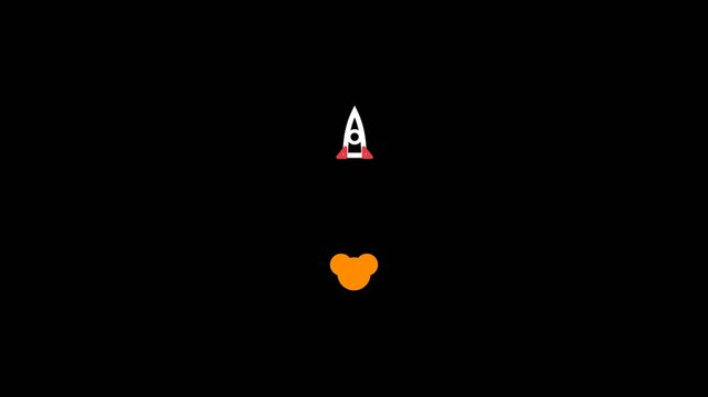 Minimalist rocket ship graphic animation launches upward with a vibrant trail of smoke in this clean digital motion design video