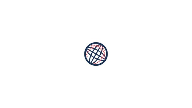 Rotating globe graphic icon featuring thin blue lines and dashed red paths in a clean minimalist digital motion video clip