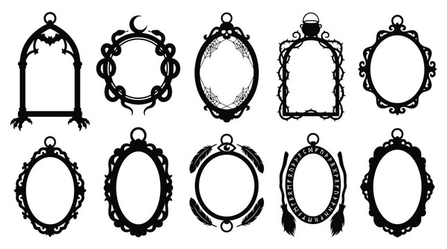 Set of gothic frames, vintage ornate borders, mystical silhouettes for halloween design, witchy magical elements, vector illustration