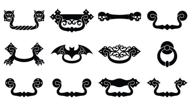 Set of vintage furniture drawer handles, gothic style door pulls, antique cabinet knobs, vector illustrations