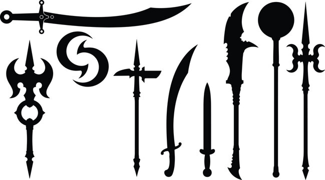 Set of ancient and fantasy weapon black silhouettes including swords, spears, axes, and halberds on white background