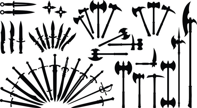 Set of ancient and medieval melee weapon silhouettes including swords daggers axes and polearms on white background