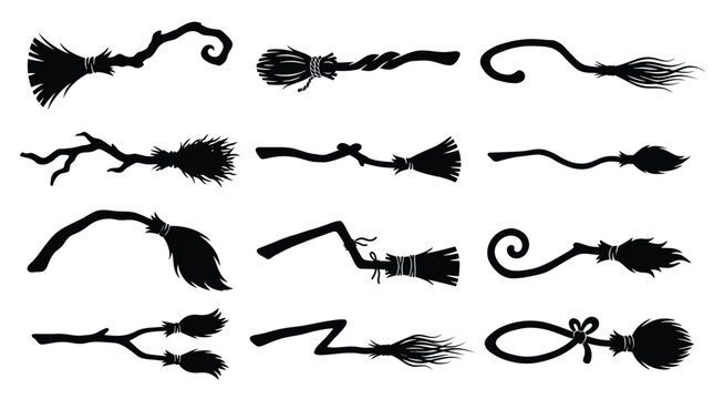 Set of witch broom silhouettes, magical broomsticks for halloween design, vector illustration