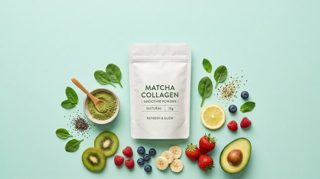 パステルカラー背景の抹茶コラーゲンスムージーパウダーとヘルシー食材のフラットレイ