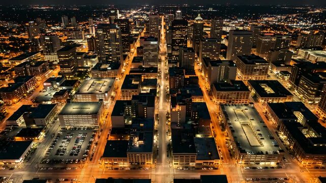 top down drone view of modern downtown buildings at night timelapse video