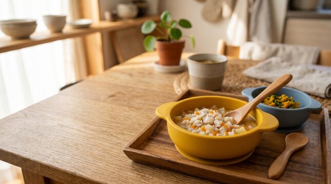 離乳食中期・彩り野菜と白身魚の煮物とベビー食器