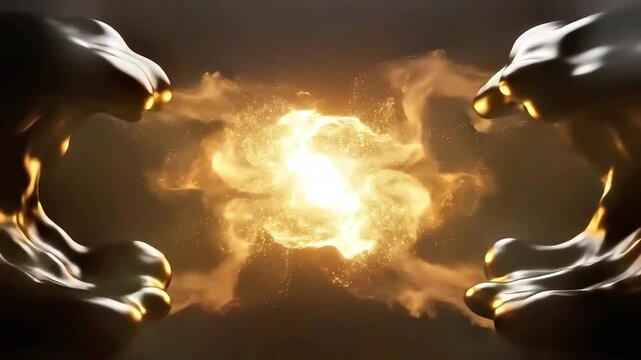 Viscous black substance surrounding pulsing golden core in deep void, dynamic explosion of energy creates dramatic liquid motion, powerful concept of cosmic birth and mysterious physical forces