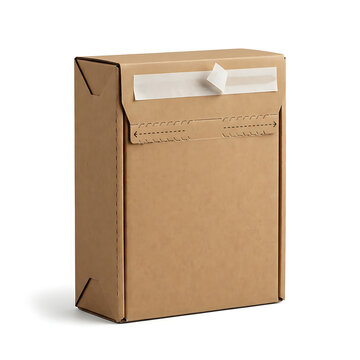 Brown Kraft Paper Mailer Box with Self Adhesive Strip and Tear Open Perforation isolated on white background . Cardboard Shipping Boxes illustration on white.