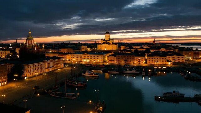 aerial view of helsinki finland city skyline dramatic sunset to night timelapse video