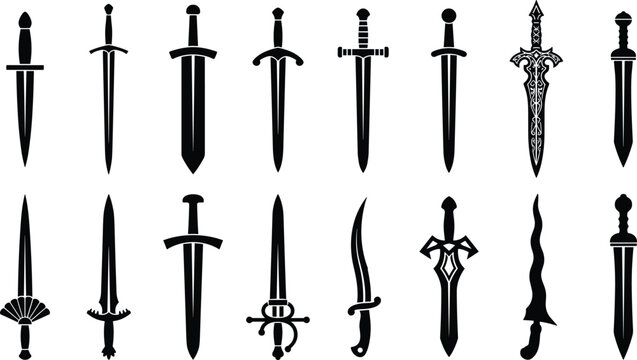 Set of ancient medieval swords and daggers black silhouette vector icons isolated on white background