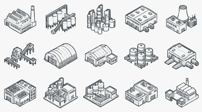 Industrial Isometric Illustrations of Various Factory Buildings and Equipment in Monochrome Sketch Style