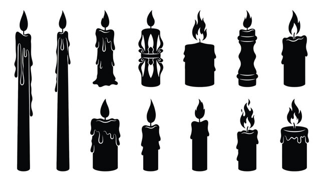 Set of black silhouettes of candles with flames