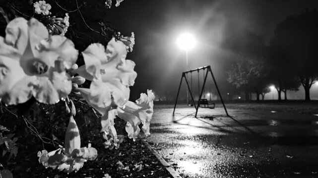 Black and white nighttime view of a quiet park with flowers, a swing set, and a shining streetlight