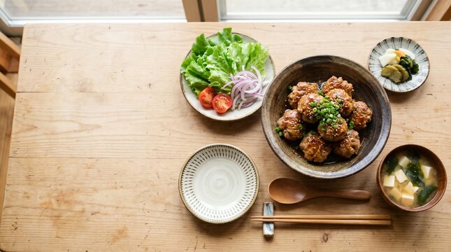 和風テリヤキソースの肉団子定食（俯瞰・コピースペースあり）