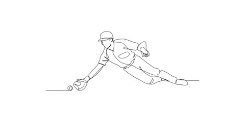 Obraz premium Continuous single line drawing of a baseball player sliding to catch a ball with a glove during a game
