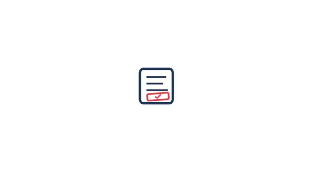 Minimalist document icon animation featuring a red checkmark symbol inside a blue rounded square for digital interface user motion footage