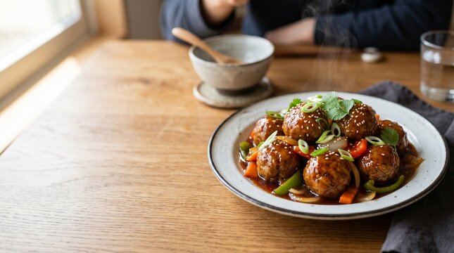 湯気が立ち上る特製あらびき肉団子の甘酢あんかけ・ダイニングテーブルでのランチ