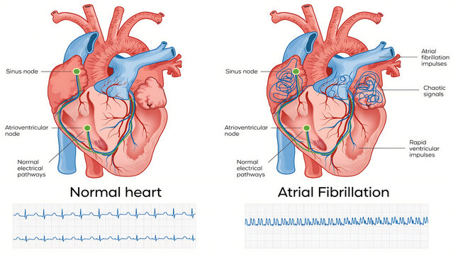 Medical comparison of normal heart and atrial fibrillation rhythm with condition