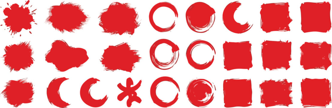 Red grunge brush drawn circles and dots. Japanese red circles and round vector brush strokes. Seal stamp with round edges, grunge asian rough badges collection. Scribble ink illustration.