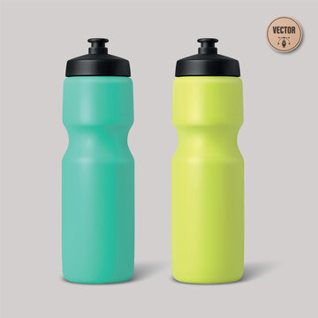 Vector 3d Sports Water Bottle Set. Neon Green and Teal Plastic Fitness Bottles Isolated. Reusable Drink Bottle Collection. Gym Hydration Design