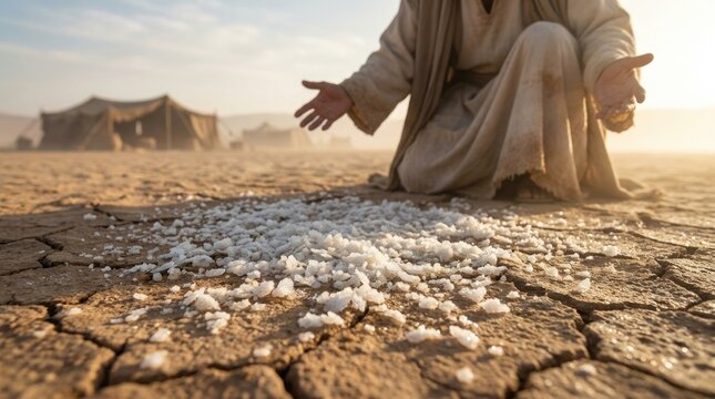 Divine provision miracle: Manna heaven, God send, Israelite journey, desert food, miraculous grace, Bible event, exodus passage, holy sustenance.