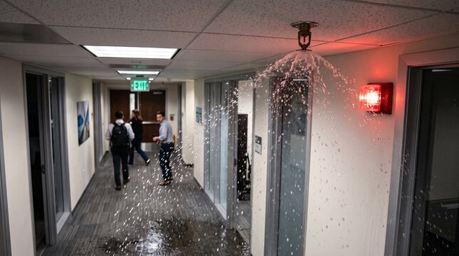 A malfunctioning industrial fire sprinkler system leaks water onto modern office cubicles in an emergency workplace safety hazard scenario
