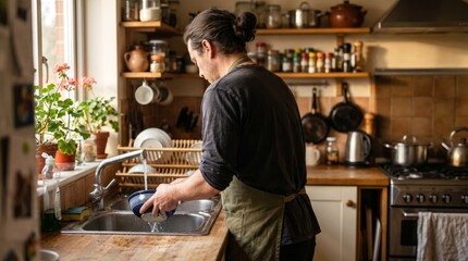 Fototapeta premium Candid figure from behind washing dish in home kitchen setting