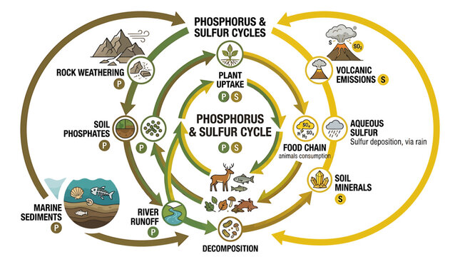Phosphorus and Sulfur Cycles Diagram.