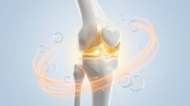Human knee joint anatomy illustration with highlighted cartilage and synovial fluid