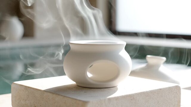 A white ceramic essential oil burner sits on an indoor table bathed in light.