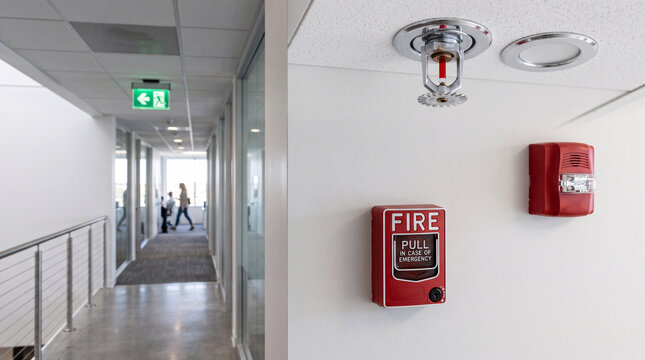 A red fire alarm pull station and sprinkler head mounted on a white office wall ensuring workplace safety and emergency preparedness