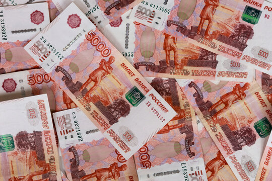 Flat lay of Russian five thousand ruble banknotes
