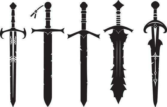 Medieval sword silhouettes set, black fantasy blade icons, 5 ancient warrior weapon vectors for game design and heraldry