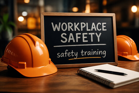 An orange hard hat, a chalkboard sign about workplace safety training, and a notebook on a wooden desk.