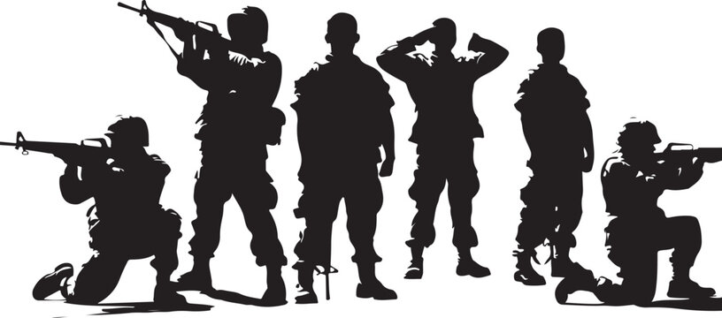 Military silhouettes, soldier vector set, combat icons, black tactical team