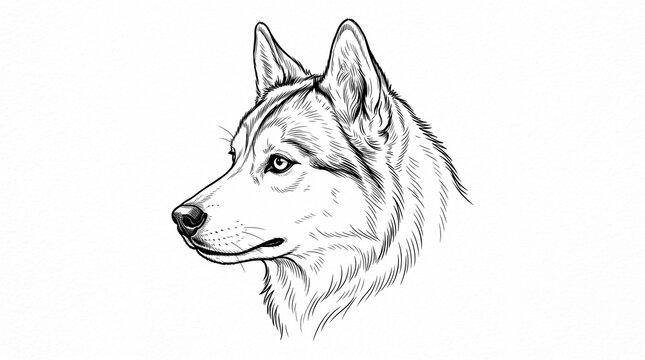 Siberian husky dog head line art, hand drawn wolf profile sketch, minimalist black and white animal portrait, canine pet illustration for tattoo design