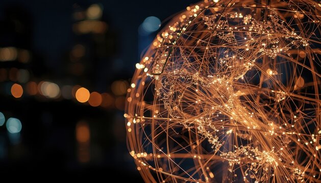 Glowing illuminated wire globe sphere model with bokeh city lights background illumination technology abstract connection communication decoration creative structure international business