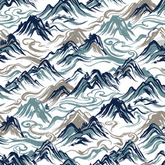 Fototapeta premium Mountains rise through misty clouds in a seamless landscape illustration rendered with traditional brushwork.